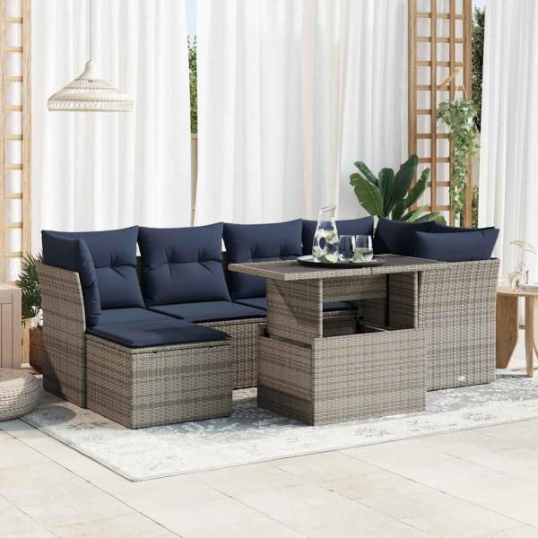 ARDEBO.de - 7-tlg. Garten-Sofagarnitur mit Kissen Grau Poly Rattan Akazie