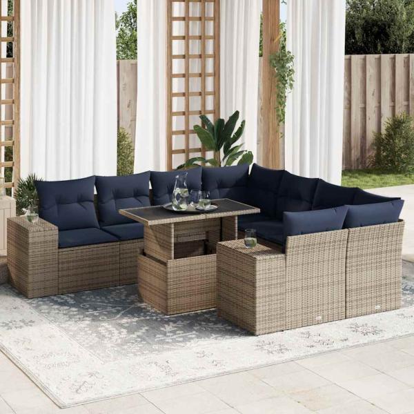 ARDEBO.de - 9-tlg. Garten-Sofagarnitur mit Kissen Grau Poly Rattan Akazie