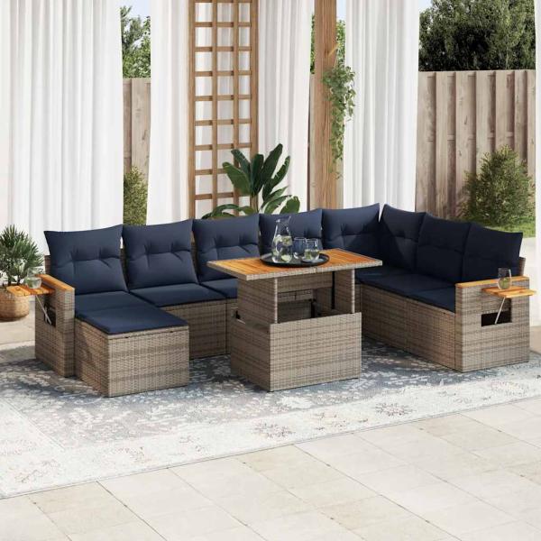 ARDEBO.de - 10-tlg. Garten-Sofagarnitur mit Kissen Grau Poly Rattan Akazie
