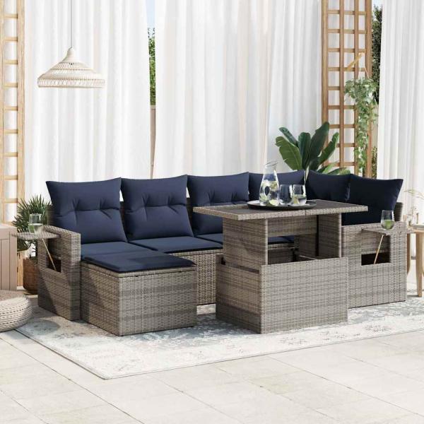 ARDEBO.de - 7-tlg. Garten-Sofagarnitur mit Kissen Grau Poly Rattan Akazie