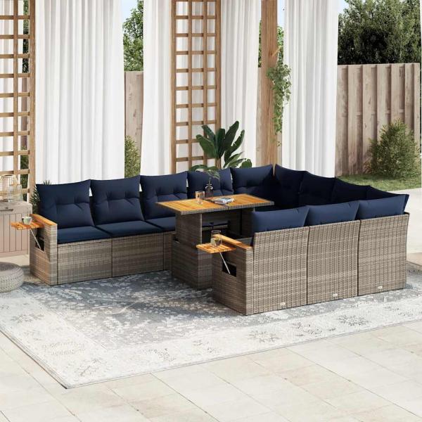 ARDEBO.de - 11-tlg. Garten-Sofagarnitur mit Kissen Grau Poly Rattan Akazie