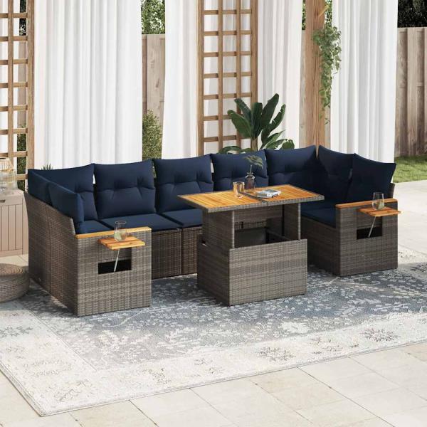 ARDEBO.de - 8-tlg. Garten-Sofagarnitur mit Kissen Grau Poly Rattan