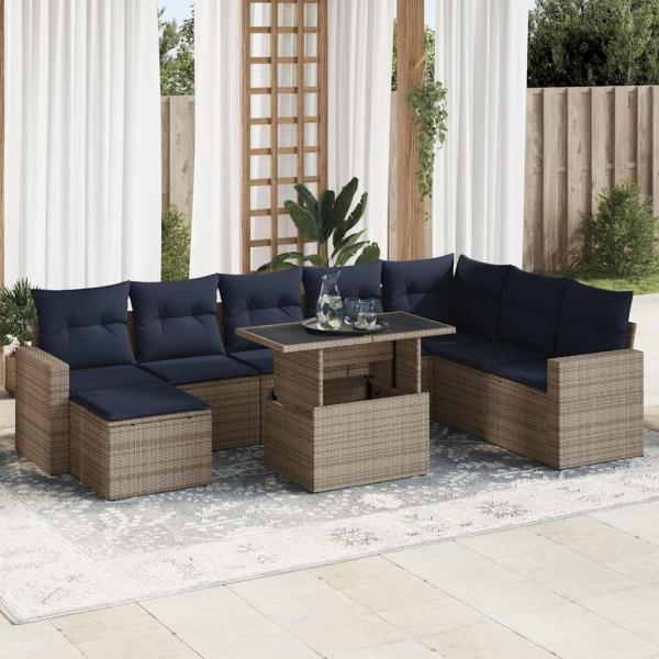 ARDEBO.de - 9-tlg. Garten-Sofagarnitur mit Kissen Grau Poly Rattan Akazie
