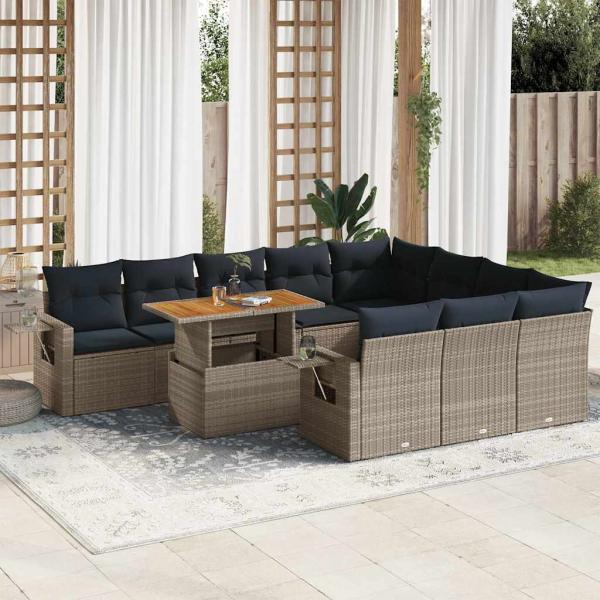 ARDEBO.de - 11-tlg. Garten-Sofagarnitur mit Kissen Grau Poly Rattan