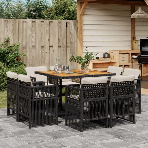 ARDEBO.de - 9-tlg. Garten-Essgruppe mit Kissen Schwarz Poly Rattan