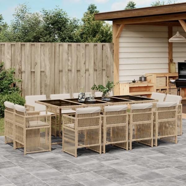 ARDEBO.de - 13-tlg. Garten-Essgruppe mit Kissen Beige Poly Rattan