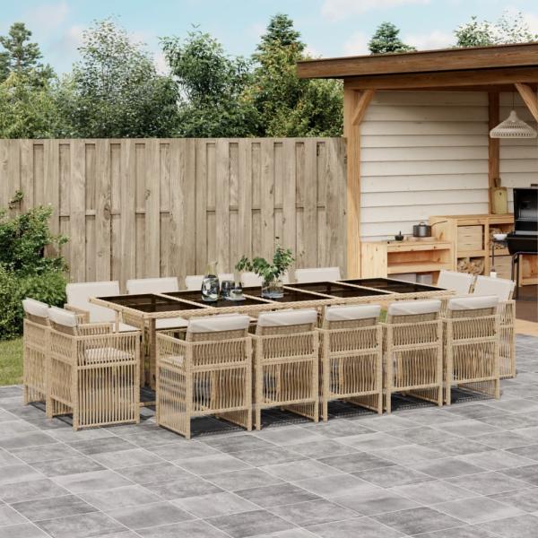 ARDEBO.de - 15-tlg. Garten-Essgruppe mit Kissen Beige Poly Rattan
