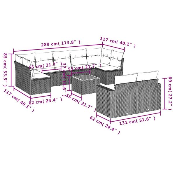 10-tlg. Garten-Sofagarnitur mit Kissen Grau Poly Rattan