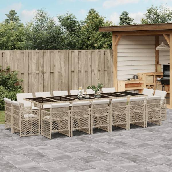 ARDEBO.de - 17-tlg. Garten-Essgruppe mit Kissen Beige Poly Rattan