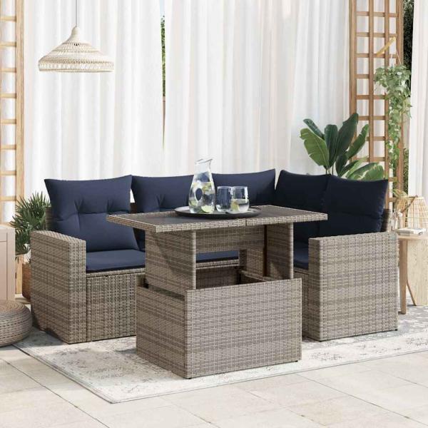ARDEBO.de - 5-tlg. Garten-Sofagarnitur mit Kissen Grau Poly Rattan Akazie