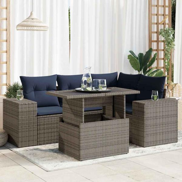 ARDEBO.de - 6-tlg. Garten-Sofagarnitur mit Kissen Grau Poly Rattan Akazie