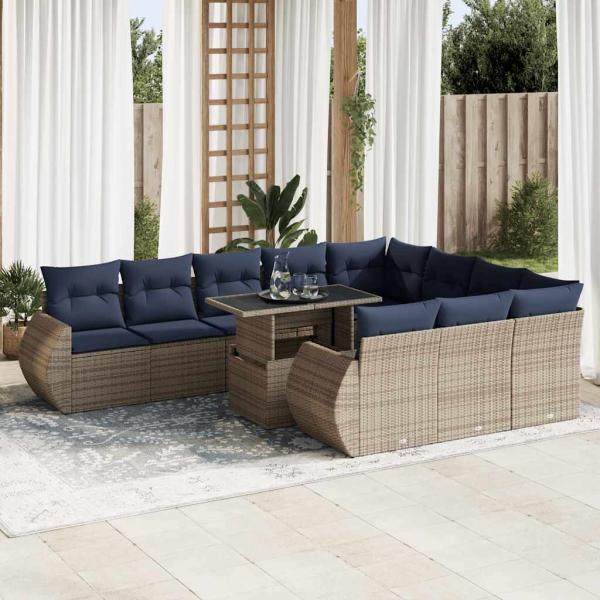 ARDEBO.de - 11-tlg. Garten-Sofagarnitur mit Kissen Grau Poly Rattan Akazie