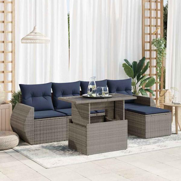 ARDEBO.de - 6-tlg. Garten-Sofagarnitur mit Kissen Grau Poly Rattan Akazie