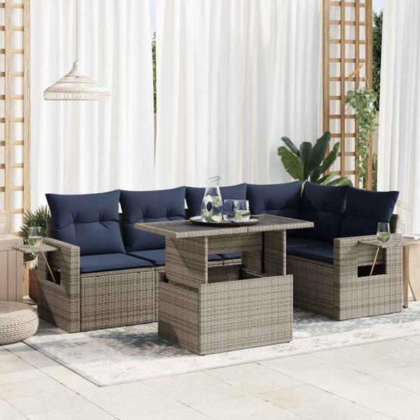 ARDEBO.de - 6-tlg. Garten-Sofagarnitur mit Kissen Grau Poly Rattan Akazie