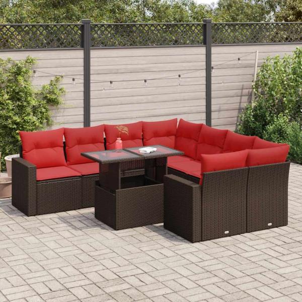ARDEBO.de - 9-tlg. Garten-Sofagarnitur mit Kissen Braun Poly Rattan Akazie