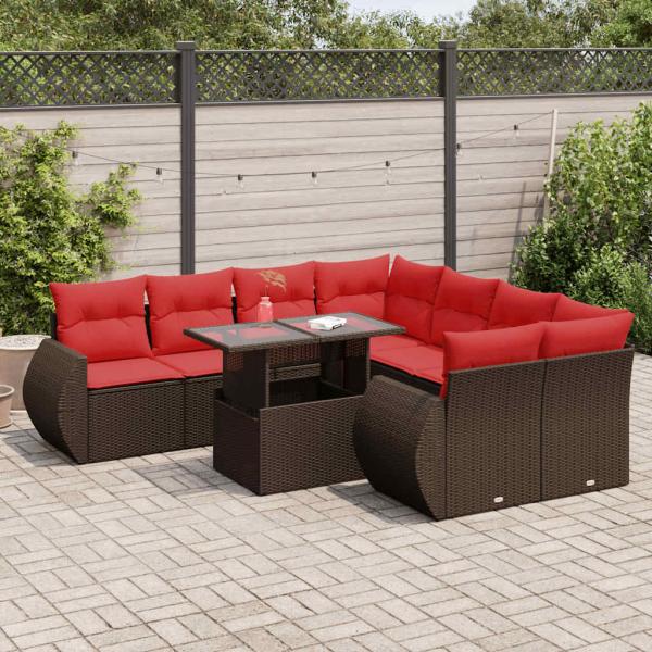 ARDEBO.de - 9-tlg. Garten-Sofagarnitur mit Kissen Braun Poly Rattan Akazie
