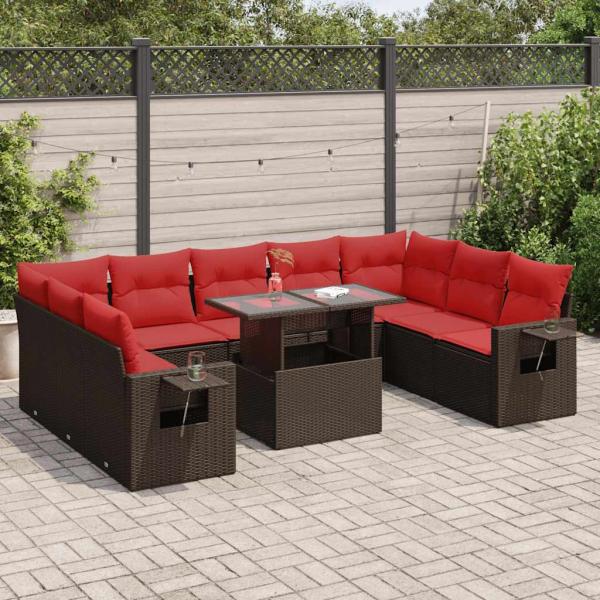 ARDEBO.de - 10-tlg. Garten-Sofagarnitur mit Kissen Braun Poly Rattan Akazie