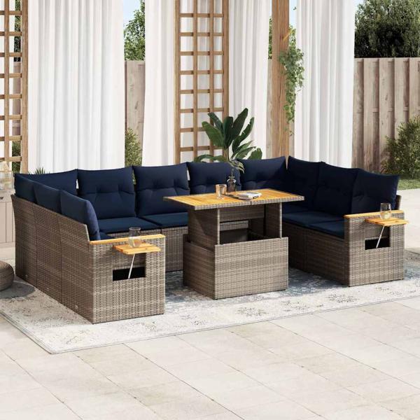 ARDEBO.de - 10-tlg. Garten-Sofagarnitur mit Kissen Grau Poly Rattan Akazie