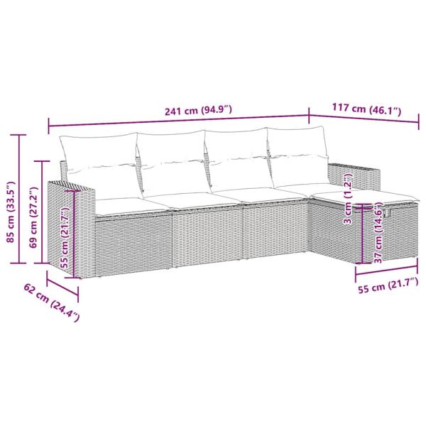 5-tlg. Garten-Sofagarnitur mit Kissen Braun Poly Rattan
