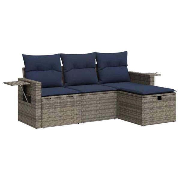 4-tlg. Garten-Sofagarnitur mit Kissen Grau Poly Rattan