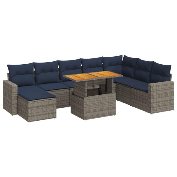 9-tlg. Garten-Sofagarnitur mit Kissen Grau Poly Rattan