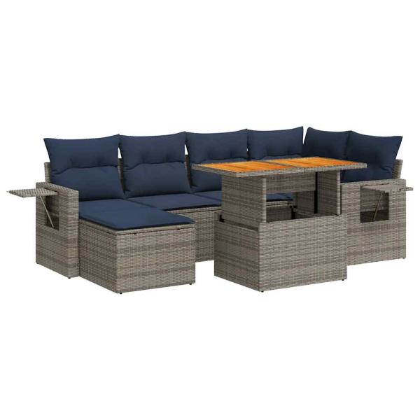7-tlg. Garten-Sofagarnitur mit Kissen Grau Poly Rattan