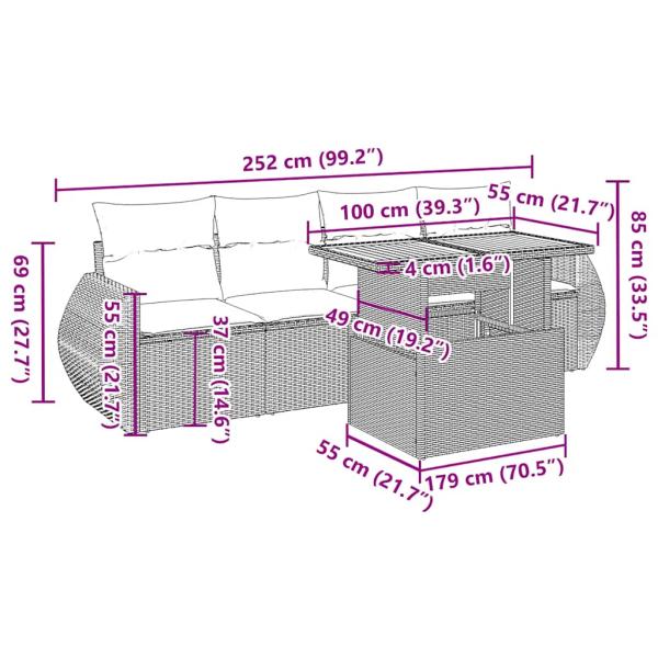 5-tlg. Garten-Sofagarnitur mit Kissen Grau Poly Rattan