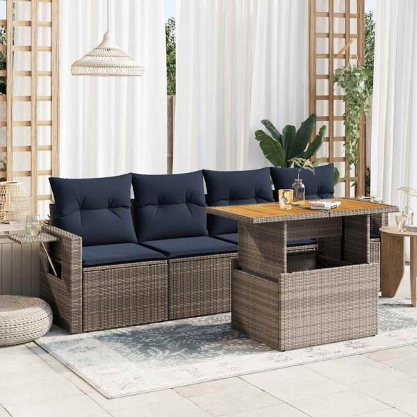 ARDEBO.de - 5-tlg. Garten-Sofagarnitur mit Kissen Grau Poly Rattan