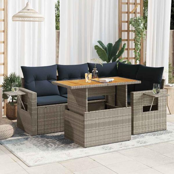 ARDEBO.de - 5-tlg. Garten-Sofagarnitur mit Kissen Grau Poly Rattan