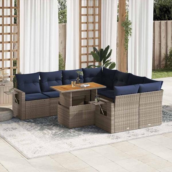 ARDEBO.de - 9-tlg. Garten-Sofagarnitur mit Kissen Grau Poly Rattan