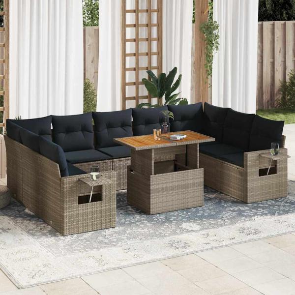 ARDEBO.de - 10-tlg. Garten-Sofagarnitur mit Kissen Grau Poly Rattan
