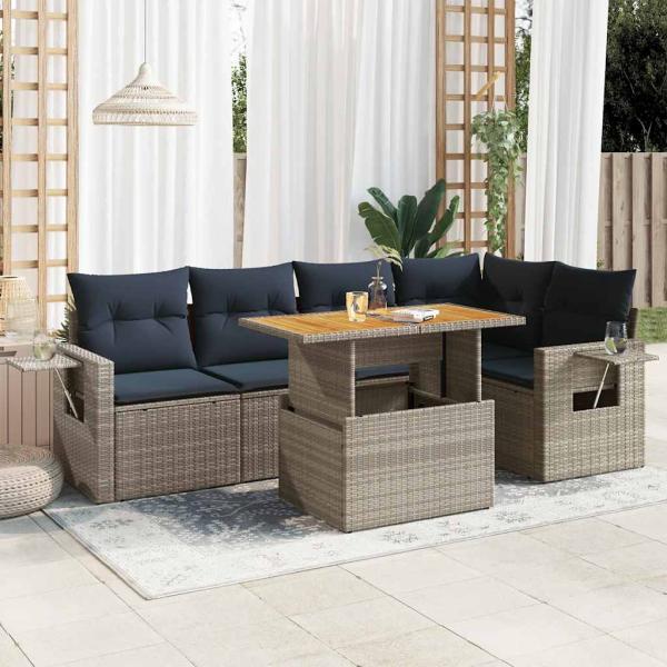 ARDEBO.de - 6-tlg. Garten-Sofagarnitur mit Kissen Grau Poly Rattan