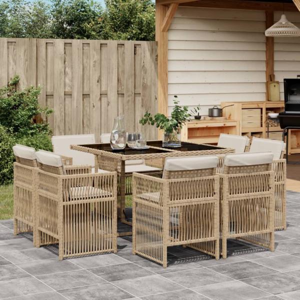 ARDEBO.de - 9-tlg. Garten-Essgruppe mit Kissen Beige Poly Rattan
