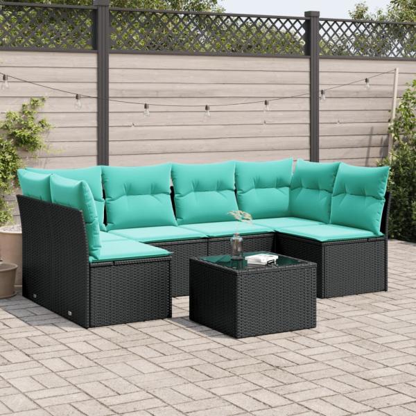 ARDEBO.de - 7-tlg. Garten-Sofagarnitur mit Kissen Schwarz Poly Rattan