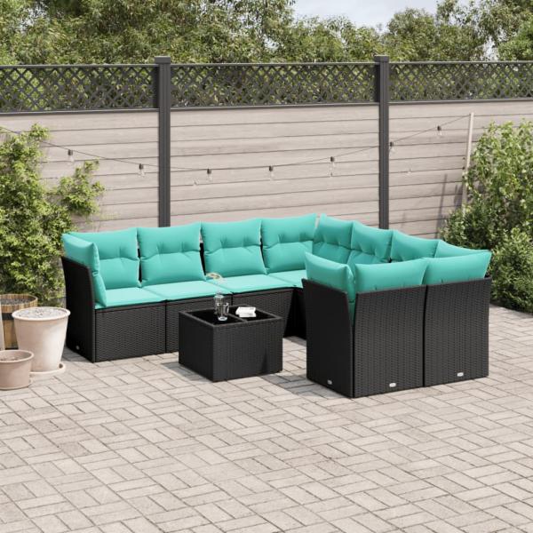 ARDEBO.de - 9-tlg. Garten-Sofagarnitur mit Kissen Schwarz Poly Rattan