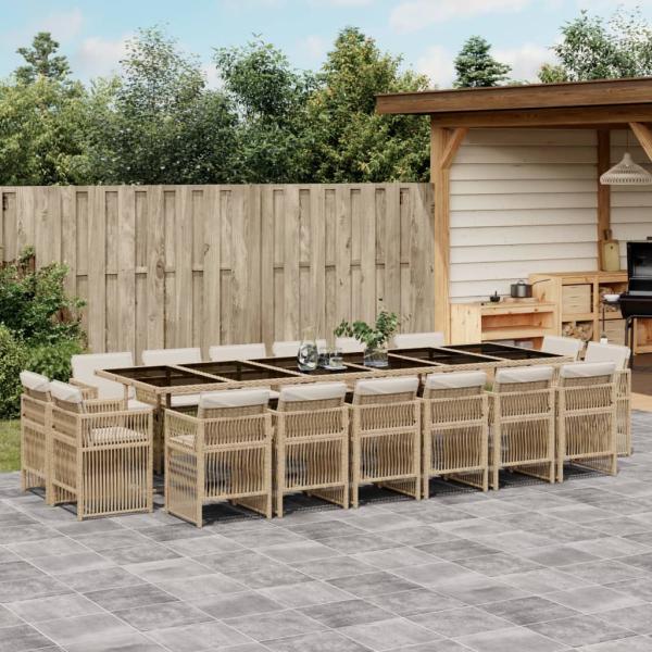 ARDEBO.de - 17-tlg. Garten-Essgruppe mit Kissen Beige Poly Rattan