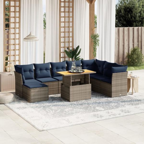ARDEBO.de - 9-tlg. Garten-Sofagarnitur mit Kissen Grau Poly Rattan