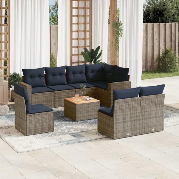 ARDEBO.de - 9-tlg. Garten-Sofagarnitur mit Kissen Grau Poly Rattan