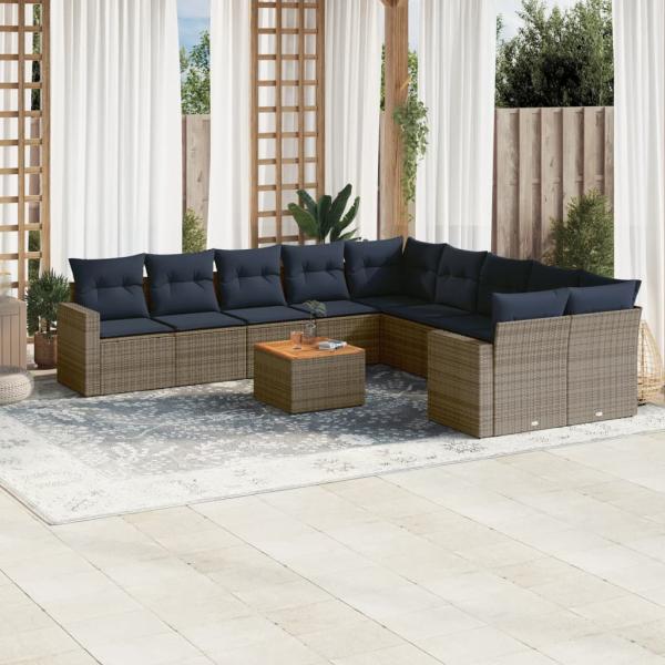 ARDEBO.de - 11-tlg. Garten-Sofagarnitur mit Kissen Grau Poly Rattan