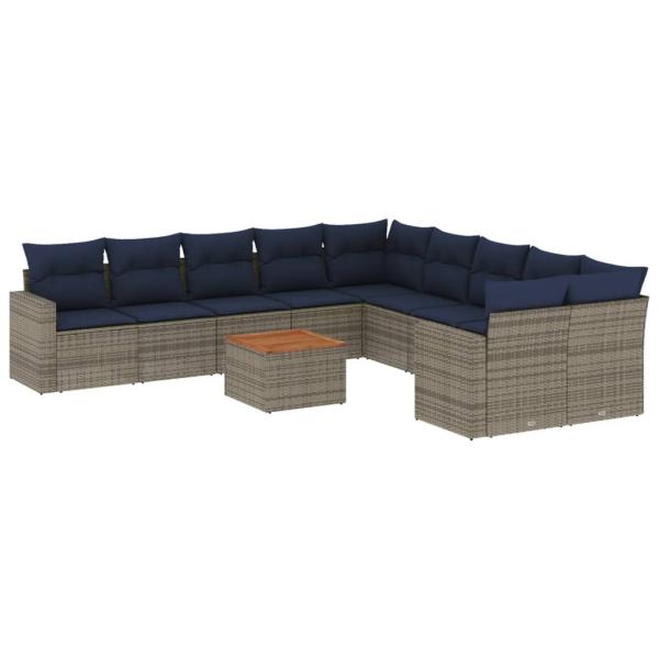 11-tlg. Garten-Sofagarnitur mit Kissen Grau Poly Rattan
