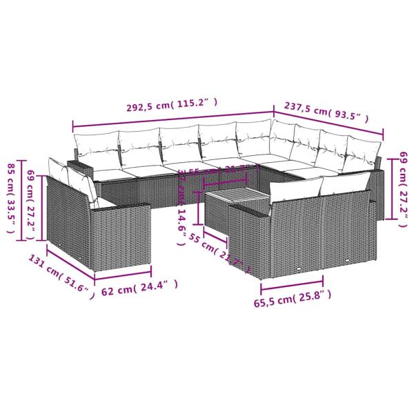 13-tlg. Garten-Sofagarnitur mit Kissen Grau Poly Rattan