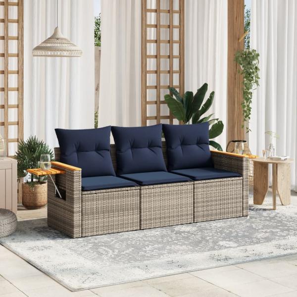 ARDEBO.de - 3-tlg. Garten-Sofagarnitur mit Kissen Grau Poly Rattan