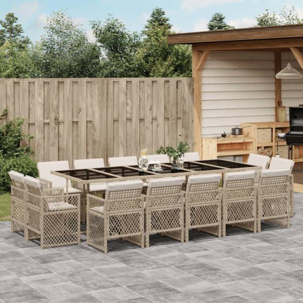 ARDEBO.de - 15-tlg. Garten-Essgruppe mit Kissen Beige Poly Rattan