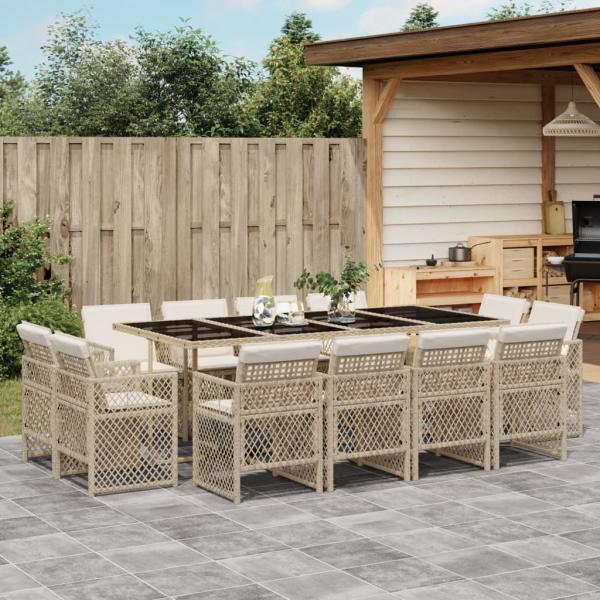 ARDEBO.de - 13-tlg. Garten-Essgruppe mit Kissen Beige Poly Rattan