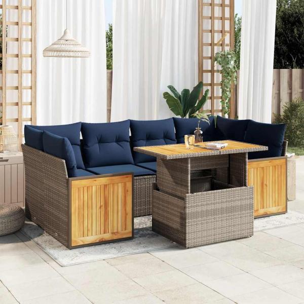 ARDEBO.de - 7-tlg. Garten-Sofagarnitur mit Kissen Grau Poly Rattan Akazie