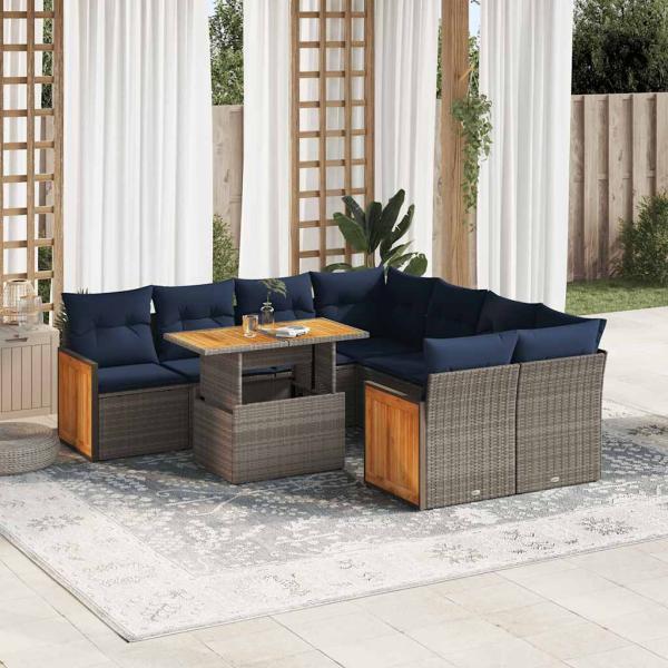 ARDEBO.de - 9-tlg. Garten-Sofagarnitur mit Kissen Grau Poly Rattan Akazie