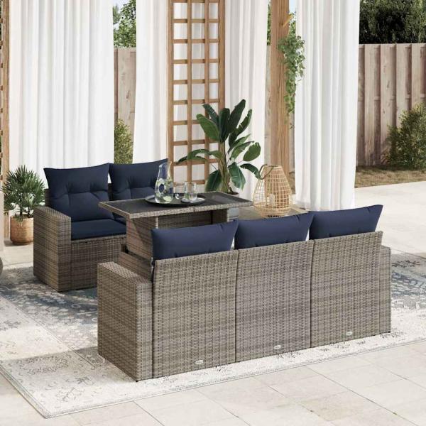 ARDEBO.de - 6-tlg. Garten-Sofagarnitur mit Kissen Grau Poly Rattan Akazie