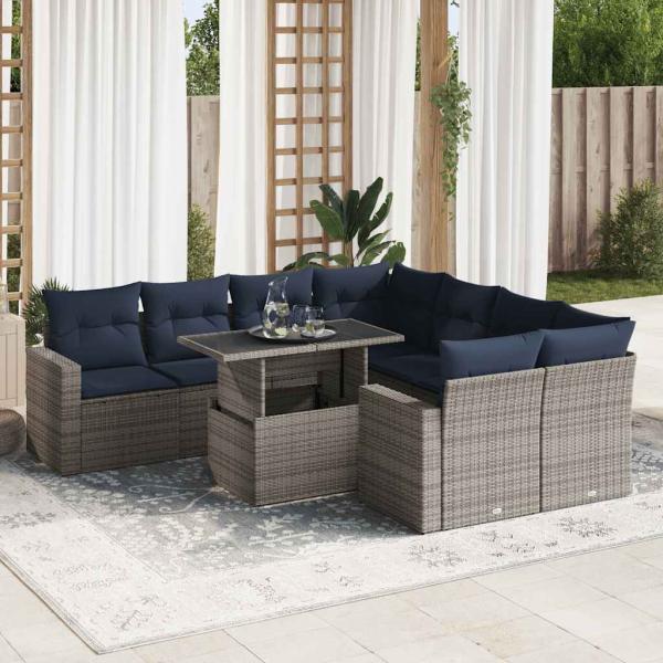 ARDEBO.de - 9-tlg. Garten-Sofagarnitur mit Kissen Grau Poly Rattan Akazie