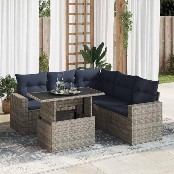 ARDEBO.de - 6-tlg. Garten-Sofagarnitur mit Kissen Grau Poly Rattan Akazie