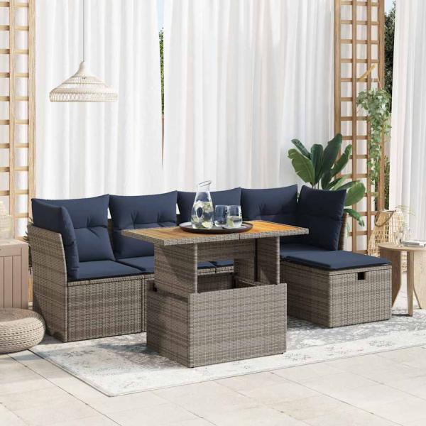 ARDEBO.de - 6-tlg. Garten-Sofagarnitur mit Kissen Grau Poly Rattan Akazie